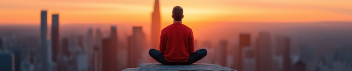 Enjoying a moment of tranquility at sunset overlooking a bustling city skyline