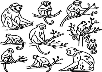 abstract illustration of tree monkey set line art