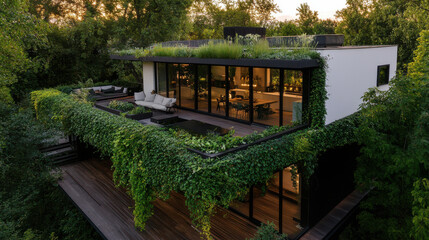Obraz premium Sustainable modern house covered in greenery and rooftop garden