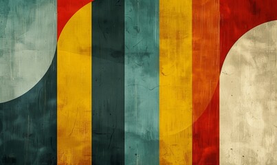 A colorful abstract painting with a blue stripe and a red stripe