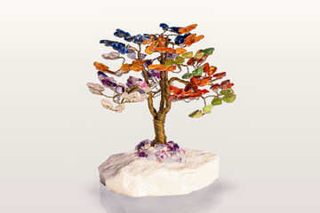 Colorful Gemstone Bonsai Tree on White Crystal Base - Handmade Decorative Art