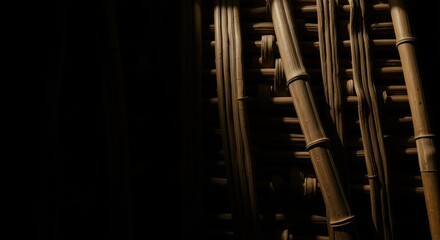 Bamboo stalks create a patterned texture against a dark background, highlighting natural design elements.