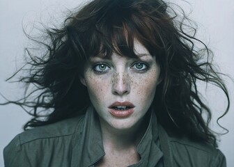 Captivating portrait of freckled redhead woman with intense expression studio setting photography dramatic lighting and close-up focus