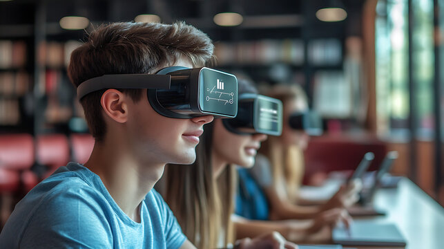 A high-tech study space with students wearing smart glasses, receiving AI-generated personalized study tips and instant feedback 