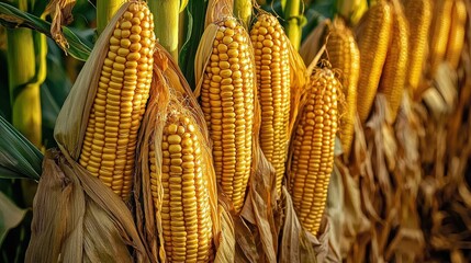 Serene corn plantation with cobs illuminated by sunrise.