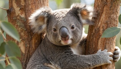 Obraz premium Koala bear is shown with its head, shoulders, and its front paws, as it hangs onto a tree.