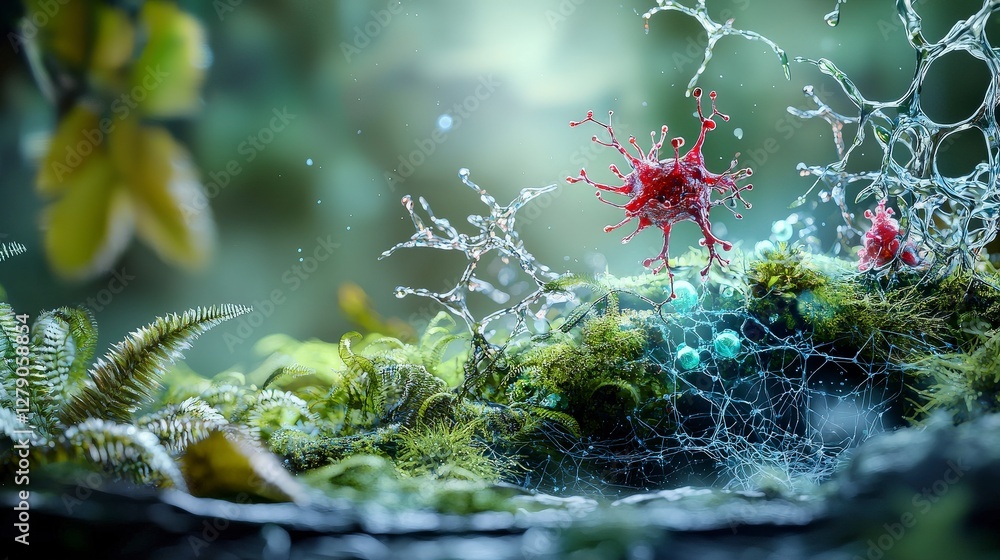 Aufkleber Exploring engineered biological interactions in digital art lush synthetic ecosystems and macro view concepts
