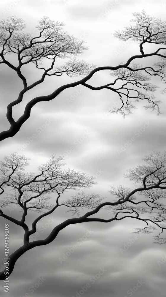 Poster branches stretch across a cloudy sky with muted gray tones in a serene nature setting during early m