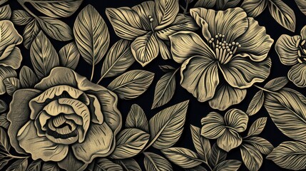Fototapeta premium Gold floral embossed pattern, dark background, wallpaper design