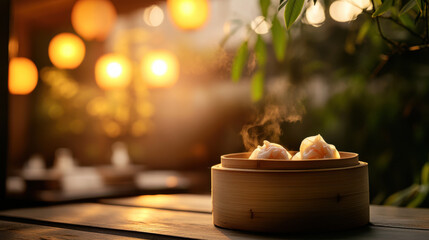 Steaming bamboo steamer with dumplings in warm light