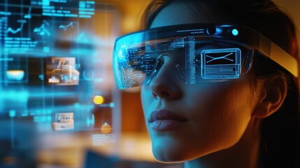 Person wearing augmented reality AR glasses with holographic displays