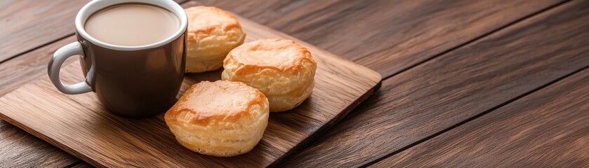 Freshly Baked Pastries with a Cup of Coffee on a Wooden Serving Board for a Cozy Breakfast or Snack Time
