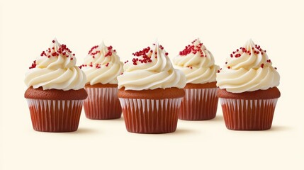 Five Red Velvet Cupcakes Topped With Cream Cheese Frosting