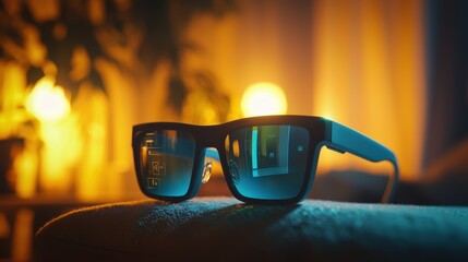 High-tech augmented reality glasses on a warmly lit surface