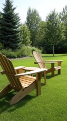 Relaxing seating area with wooden chairs on a lush green lawn surrounded by trees in a serene outdoor setting