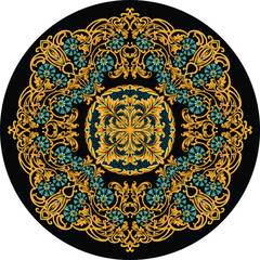 A stunning circular vector illustration featuring an intricate floral and baroque-style pattern in rich gold and blue hues on a deep black background. This elegant design showcases detailed ornamental