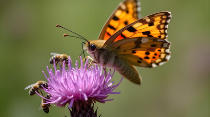Obraz premium An orange and black butterfly delicately feeds on a vibrant purple thistle flower, joined by two busy honeybees. The blurred green background enhances the beauty of this pollination scene.