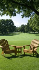 A tranquil seating area nestled within a peaceful park, surrounded by lush green grass and tall trees, basking in the sunshine