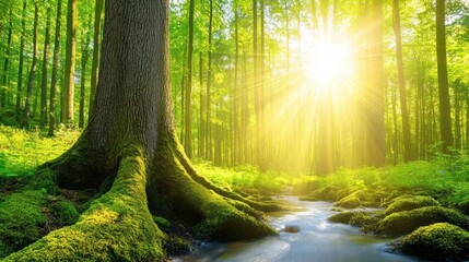 Obraz premium Sunlit Forest Stream With Moss Covered Tree Roots