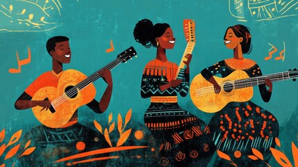 Obraz premium Three musicians joyfully playing guitars in a vibrant outdoor setting with musical notes