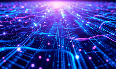 A futuristic AI-powered data flow visualization featuring glowing streams of binary code neural network connections and digital waveforms