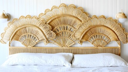 Ornate Gold Fan Headboard with White Pillows and Linens against White Wall