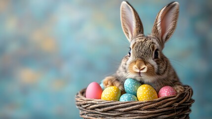 Adorable Easter rabbit with long ears, carrying a festive basket of bright eggs, soft background, copy space