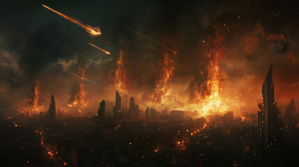 Fototapeta premium City engulfed in chaos as missiles streak through a burning skyline during a fierce attack at dusk