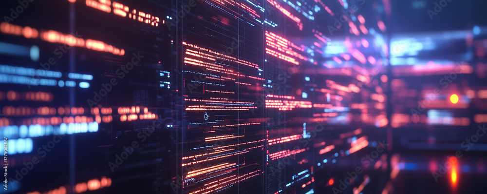 Poster cyber warfare attack progresses with vibrant digital signals and data streams on screens in a high-t
