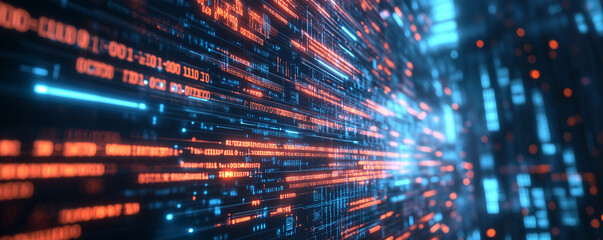 Cyber warfare attack in progress with glowing data streams in a digital landscape at nighttime