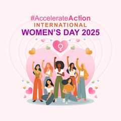Accelerate Action Campaign Pose - International Women's Day 2025. A bold vector banner showcasing diverse women united against discrimination, symbolizing global activism for gender equality and women