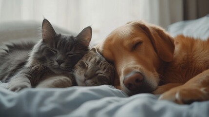 Naklejka na ściany i meble Peaceful companionship cat and dog together cozy home photograph living room close-up harmony
