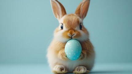 Obraz premium Adorable Easter bunny holding a colorful egg, fluffy fur, cheerful expression, lighthearted design, copy space
