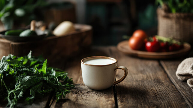 Fresh milk in ceramic cup on rustic wooden table