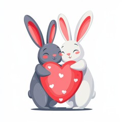 Fototapeta premium Two cute rabbits, one gray and one white, joyfully embrace a heart adorned with smaller hearts, symbolizing love and friendship.