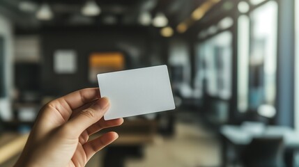 A person holding a business card against a blurred office background.