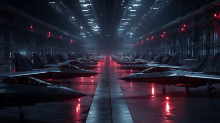 Giant hangar filled with unmanned fighter jets showcasing advanced military technology at a secure airbase