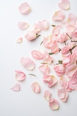 Fototapeta premium Scattered soft pink rose petals on clean white background creating delicate romantic composition with some green leaves visible. Generative AI