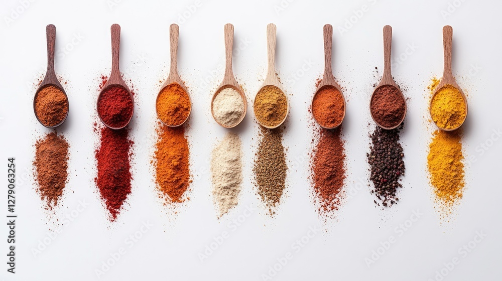 Poster colorful display of spices arranged on spoons with vibrant powders creating an artistic kitchen back