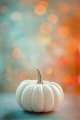 White mini pumpkin with stem against blurred turquoise and orange bokeh background creating dreamy autumn atmosphere. Generative AI