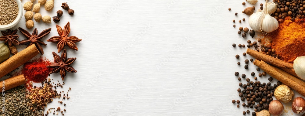 Poster collection of spices arranged neatly on a surface with empty space for text or design in a kitchen s