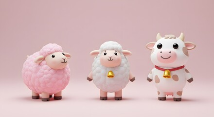 Naklejka premium Cute Cartoon Cow and Sheep Characters with Bells on Pink Background
