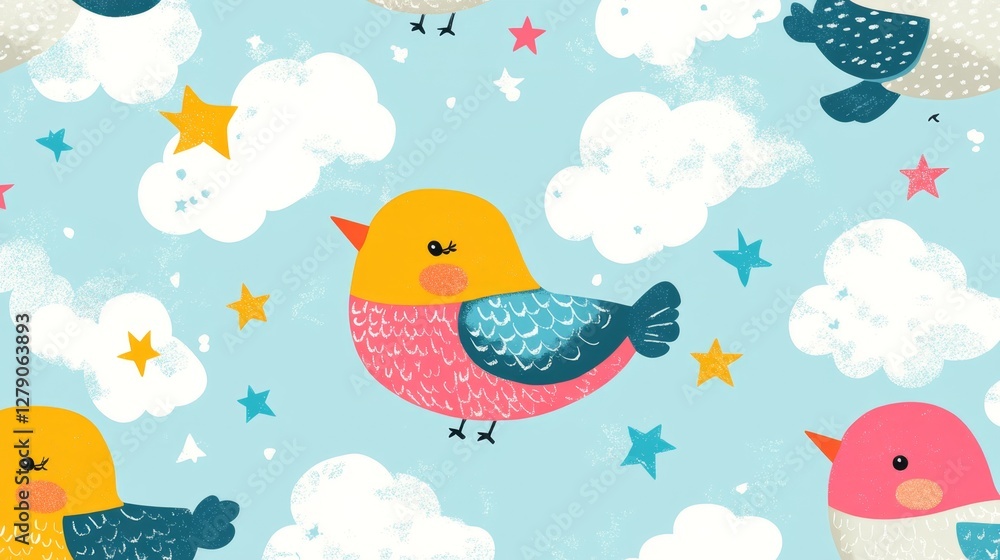 Poster creating joyful bird patterns craft studio digital art whimsical environment aerial perspective chee