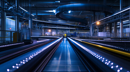 Fototapeta premium Massive weapons manufacturing facility illuminated at night with neon lights and machinery actively operational