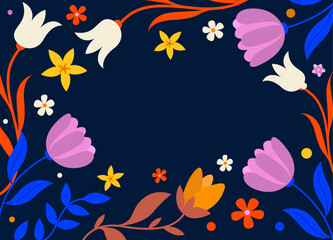 Spring floral background frame with flowers in vector, flat style.