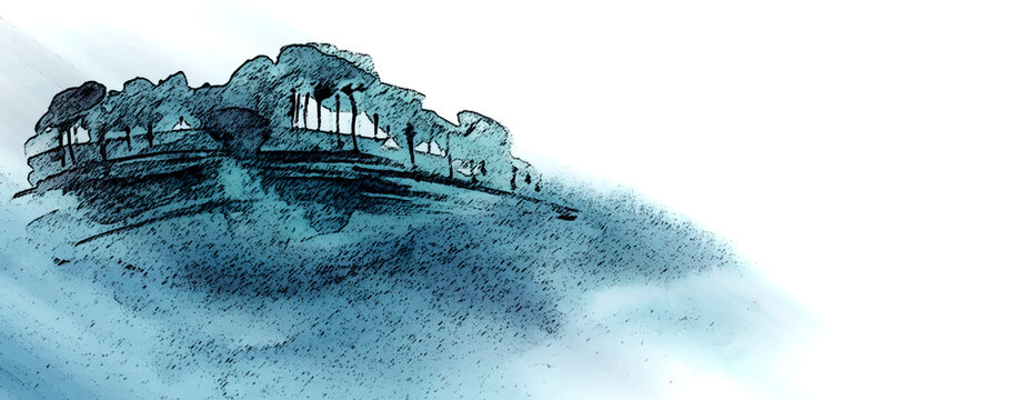 Watercolor autumn, summer forest, silhouette of trees, bushes., Field. Country view.
Postcard, logo, card. Drawing of green trees on a summer grass on a white isolated background.Country landscape.