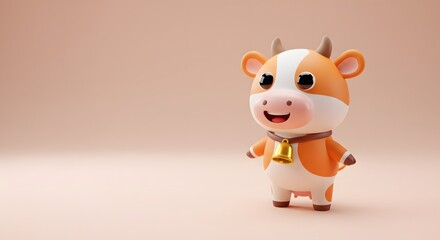 Fototapeta premium Cute Cartoon Cow Standing with Bell Animation Render on Soft Background