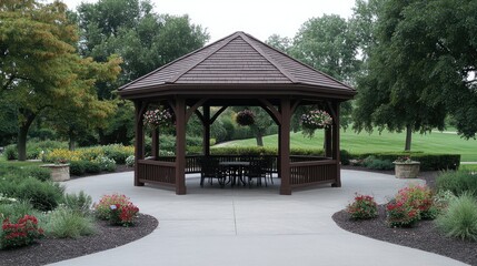 Fototapeta premium Beautiful wooden gazebo surrounded by colorful flowers in a serene park setting with well-manicured grass and trees during the day
