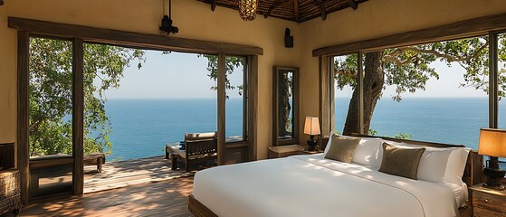 Fototapeta premium • Explore the essence of relaxed sophistication within a minimal garden villa resort bedroom. Thoughtfully arranged on a pristine white canvas, the bed and accompanying accents symbolize comfort 