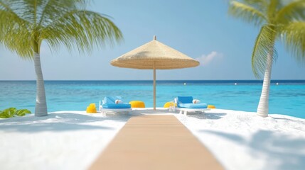 Fototapeta premium Two lounge chairs sit under a large umbrella on a sandy beach, offering a relaxing spot to enjoy the sun and sea breeze.